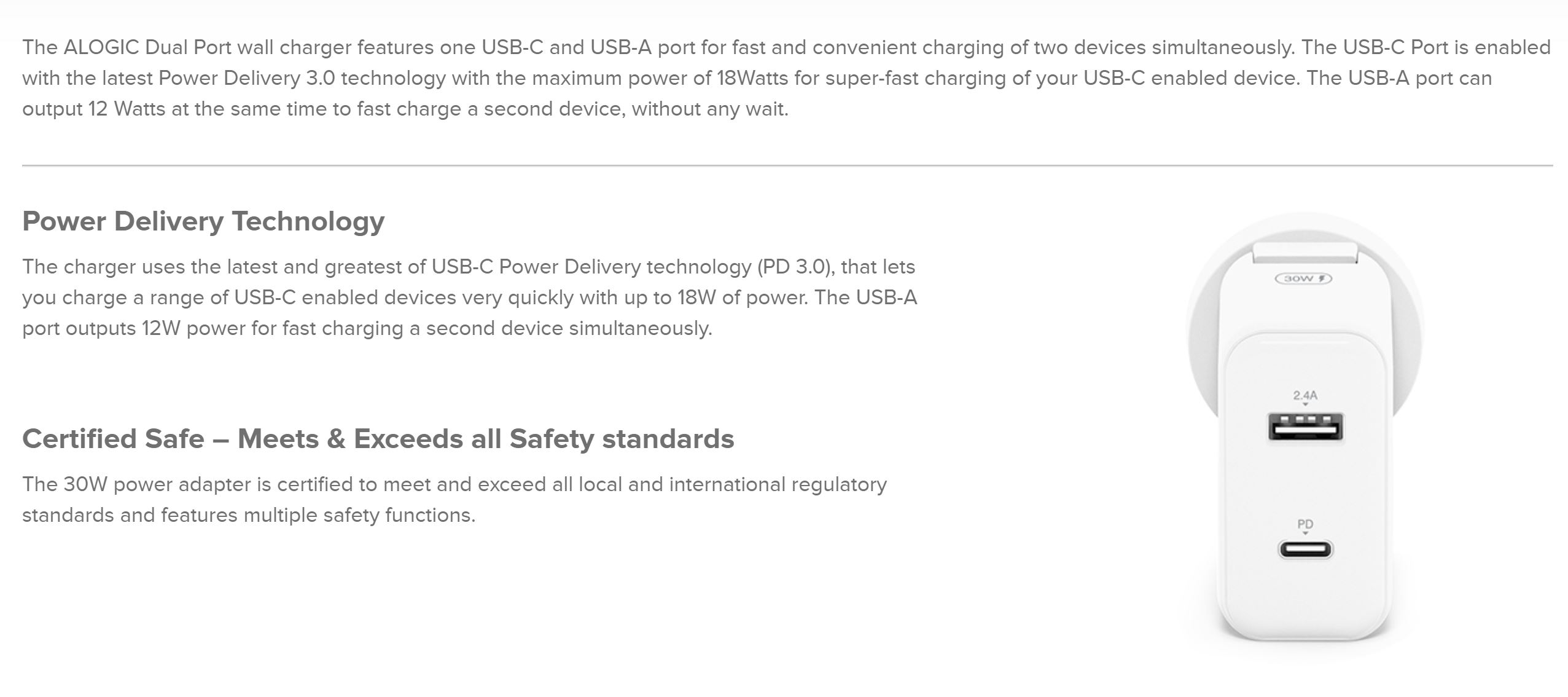 Alogic 30W 2 Port USB C and USB A Fast Charge Wall Charger