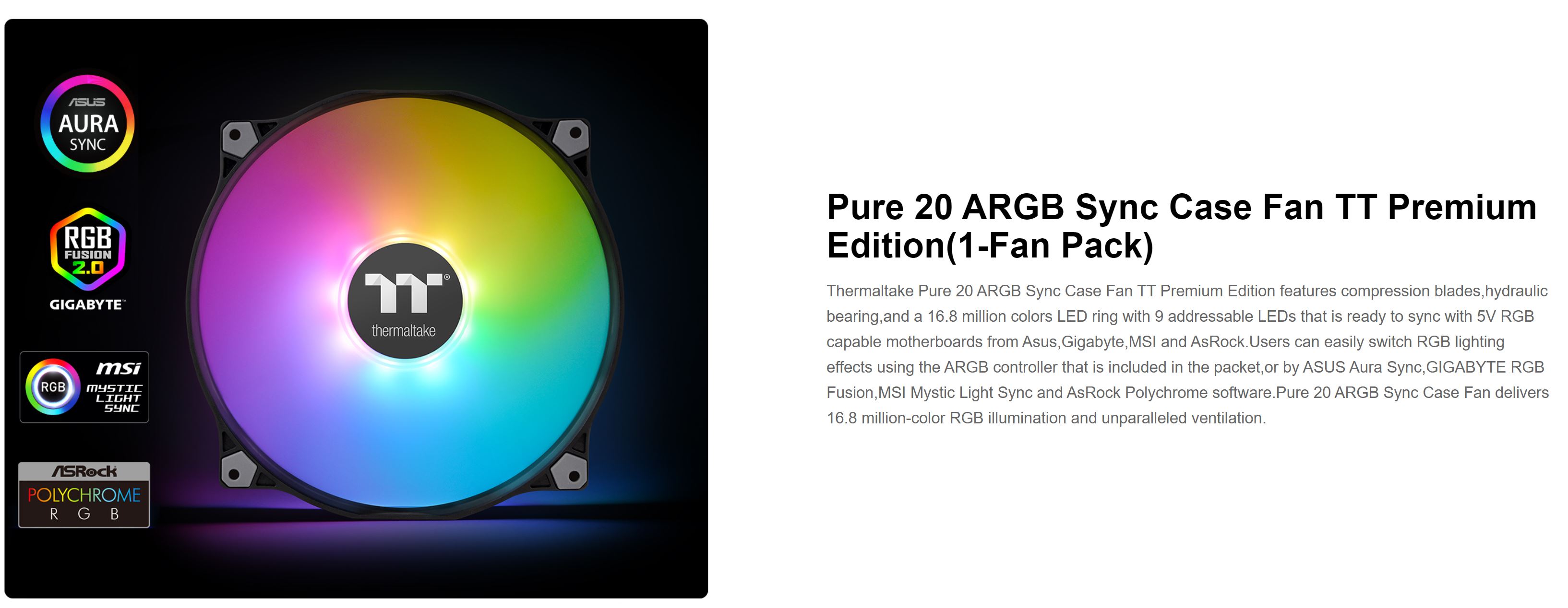 Thermaltake Pure 20 200mm ARGB Sync Case Fan TT Premium Edition - 1 Pack (CL-F081-PL20SW-A)