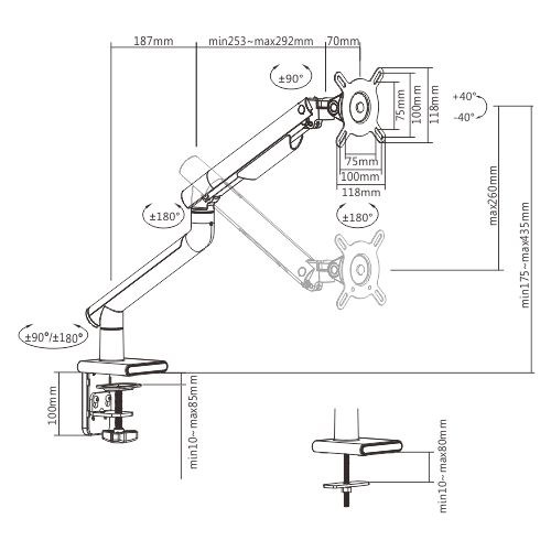 Brateck Single Monitor Premium Slim Aluminum Spring-Assisted Monitor Arm Fix - Space Grey (LDT49-C012-B)