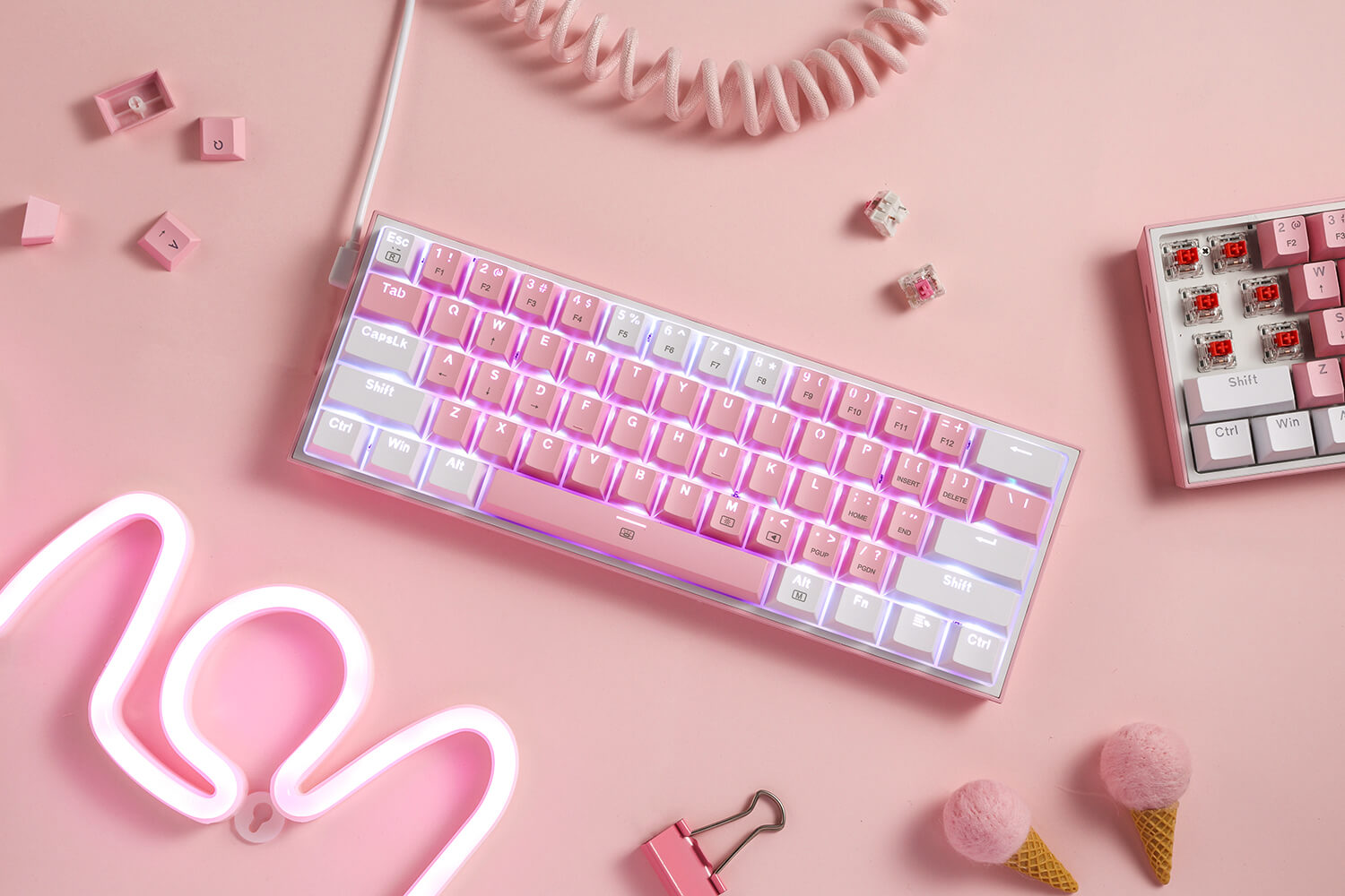 61 Keys Compact Mechanical Keyboard wWhite and Pink Color Keycaps.JPG