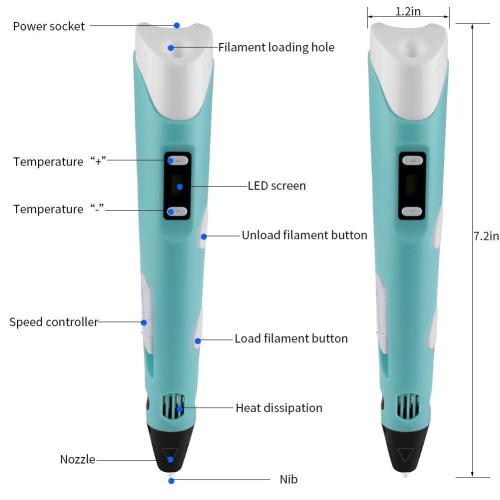 3D Printing Pen DIY Drawing Pen With LCD Display 3D Pen With 10 Colors/100 Meter PLA Filament Christmas Birthday Gift for Child Blue