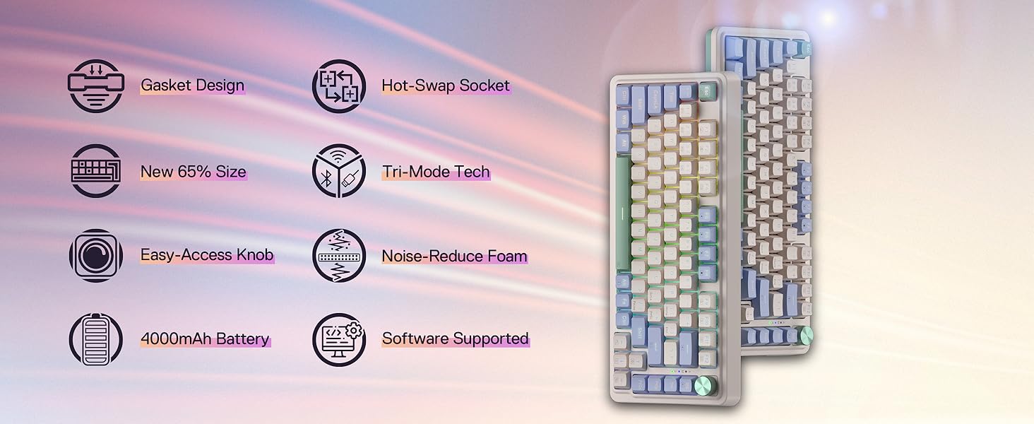 Redragon K673 PRO 75% Wireless Gasket RGB Gaming Keyboard, 3-Modes 81 Keys Mechanical Keyboard with Hot-Swap Socket, Sound Absorbing Pads, Red Switch