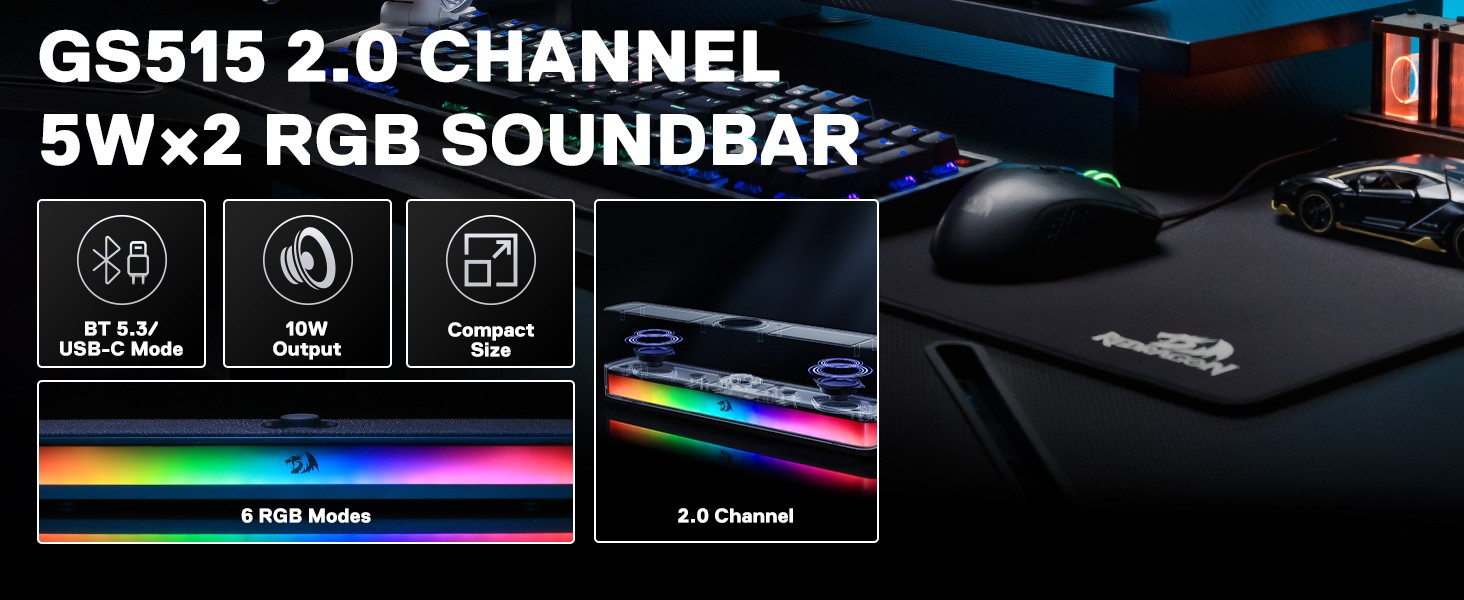 Redragon GS515 RGB Desktop Soundbar, 2.0 Channel Stereo Computer Speakers for Desktop with Bluetooth 5.3, USB-C/USB Powered, Black