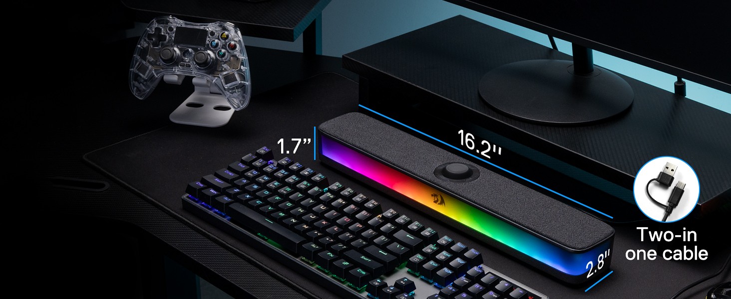 Redragon GS515 RGB Desktop Soundbar, 2.0 Channel Stereo Computer Speakers for Desktop with Bluetooth 5.3, USB-C/USB Powered, Black