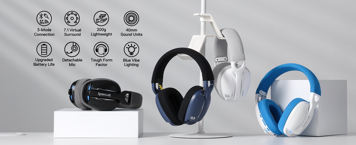 Redragon H878 3-Mode Wireless Blue Lighting Gaming Headset - Lightweight - 7.1 Surround Sound 40MM Drivers - Detachable Microphone, Black&Gray