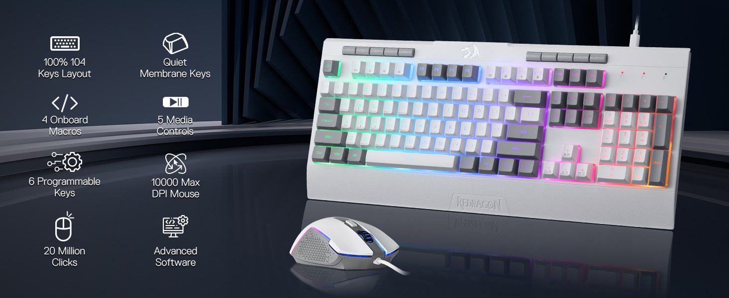 Redragon S151 Gaming Keyboard & Mouse Combo, 104 Keys K525 Wired RGB Membrane Keyboard and 10000 DPI Wired M616 Gaming Mouse Bundle, White&Gray