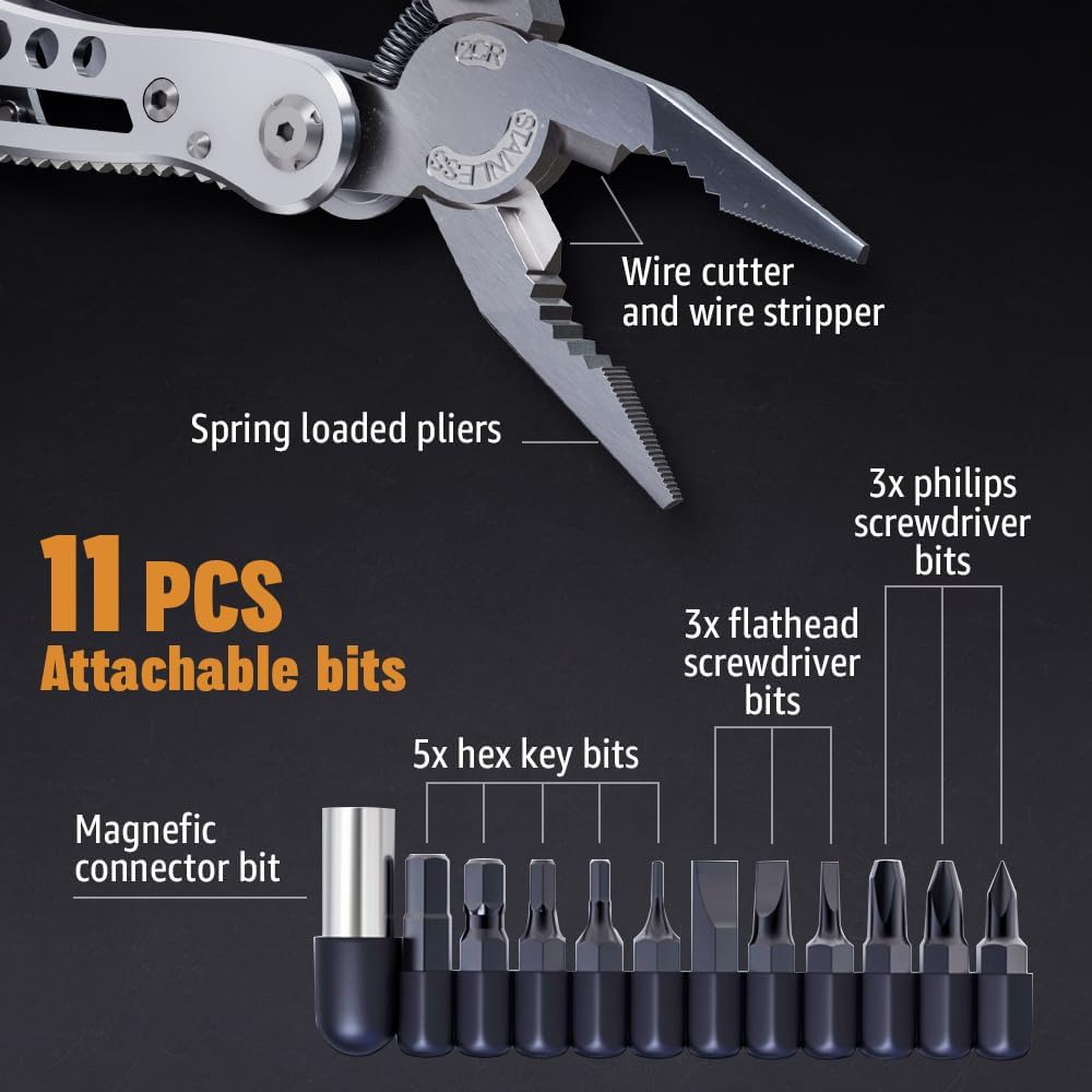 24-in-1 Multitool with Knife, Pliers & 11 Bits Sharp Stainless Steel - Multi Tool for Men - Ideal Gear with Tools for Camping Hiking, Survival, EDC - 