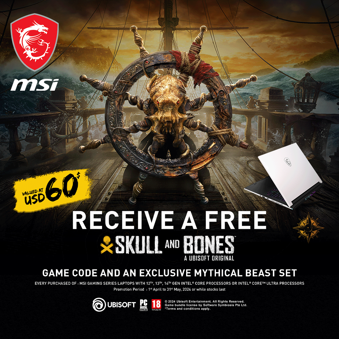 Get a FREE Skull and Bones™ game code and an exclusive MYTHICAL BEAST SET (US$60 Valued) with the purchase of select MSI laptops.