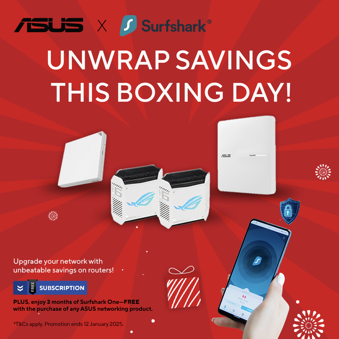 Purchase one of these ASUS networking products and get 3 months of Surfshark subscription for FREE.