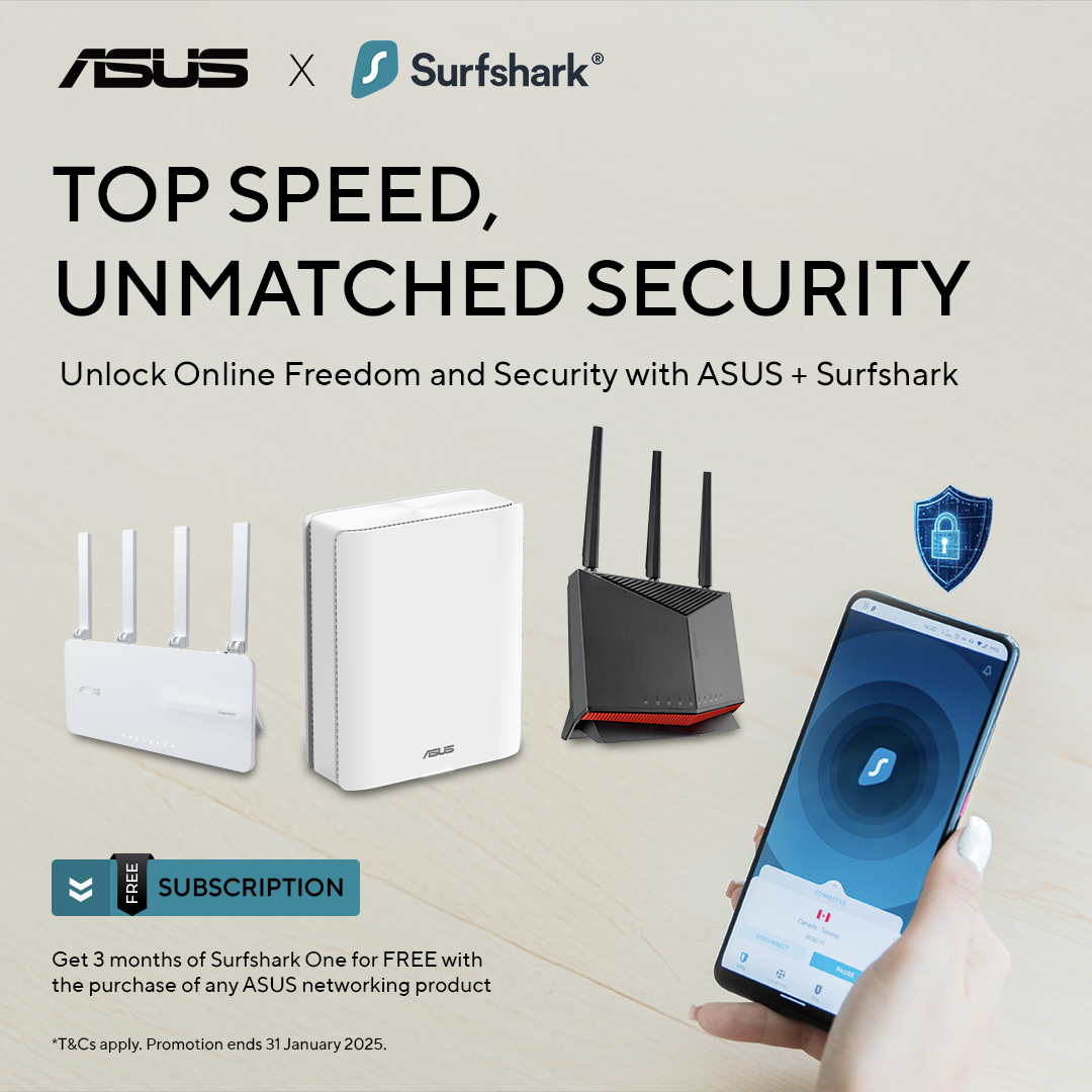 Purchase one of these ASUS networking products and get 3 months of Surfshark subscription for FREE.