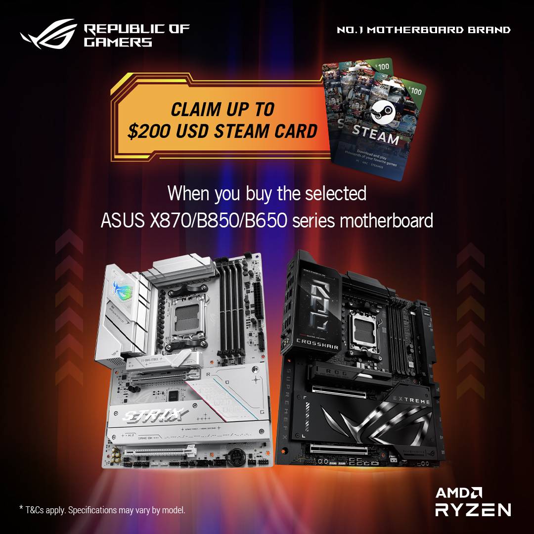 Purchase the selected ASUS AMD motherboards series to receive up to $200 steam card