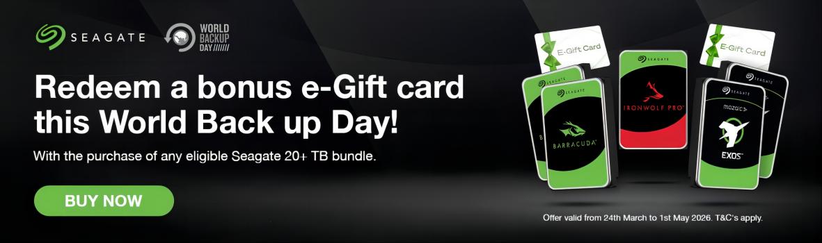 Purchase selected Seagate IronWolf Pro or Exos HDD high capacity bundles and claim an e-Gift card this World Backup Day.