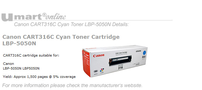 Canon CART316C Cyan Toner LBP-5050N