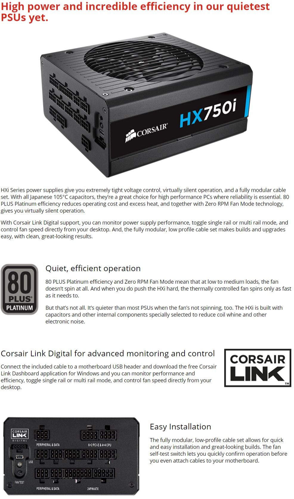 Corsair HX-750i ATX 80+ Platinum Certified Full Modular Power Supply - 7 Year Warranty (CMPSU-HX750i)