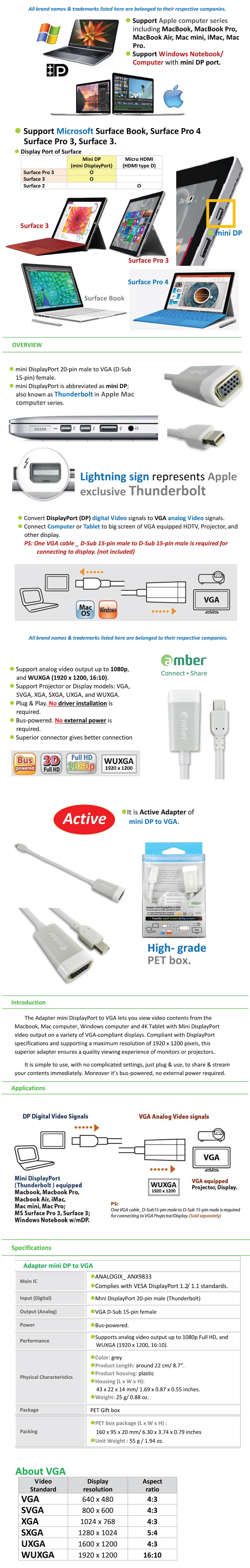 Amber MDP-12 Mini Display port to VGA Adaptor