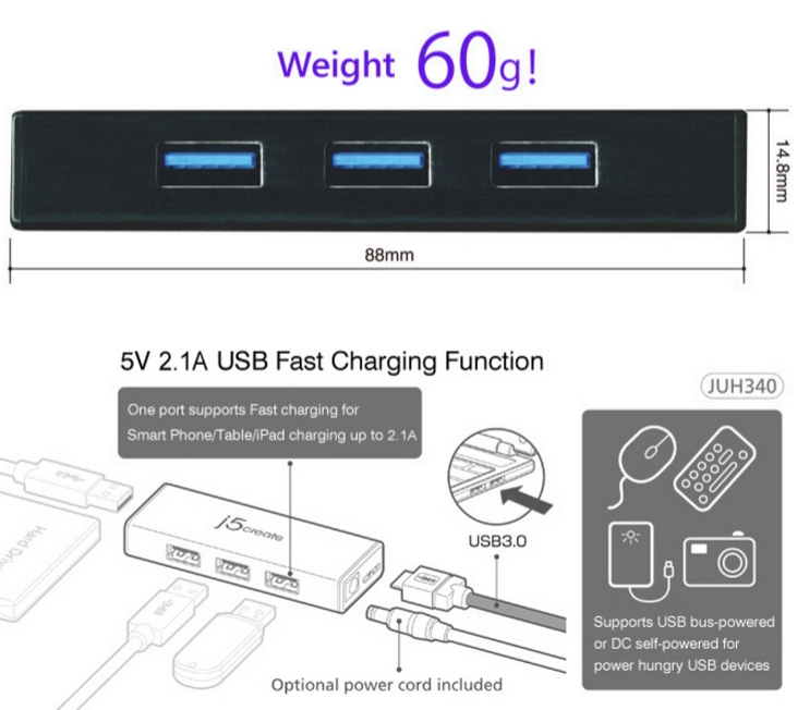 j5create USB 3.0 4-Port Mini Hub - with 5V/4A Adapter (J5-JUH340)