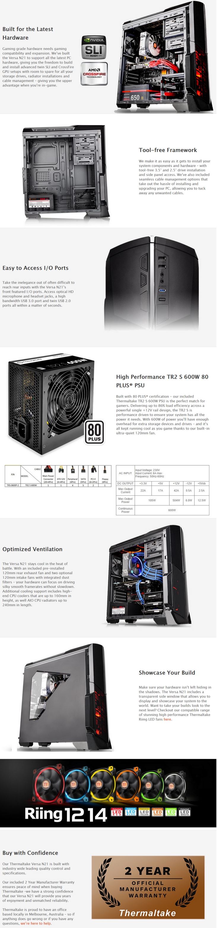 Thermaltake Versa N21 Window Mid-tower Chassis with 600W 80+ PSU (CA-3D9-60M1WA-00 / CA-1D9-00M1WN-00)