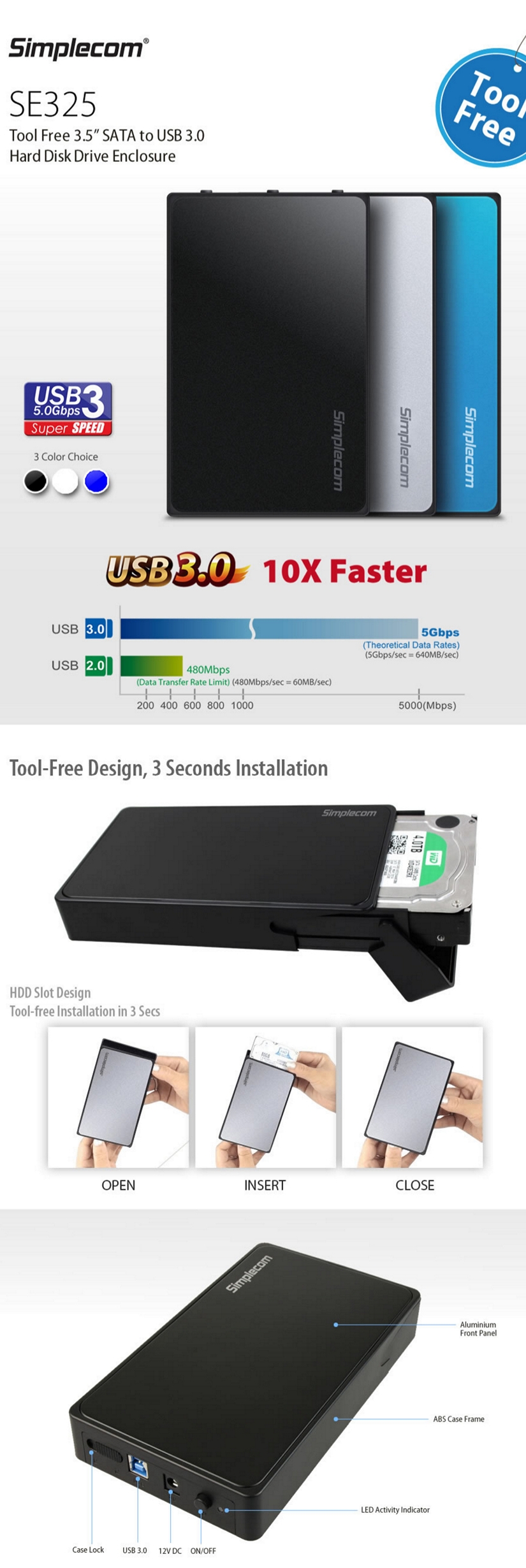Simplecom Tool Free 3.5in USB 3.0 Hard Drive Enclosure Blue (SE325-BLU)