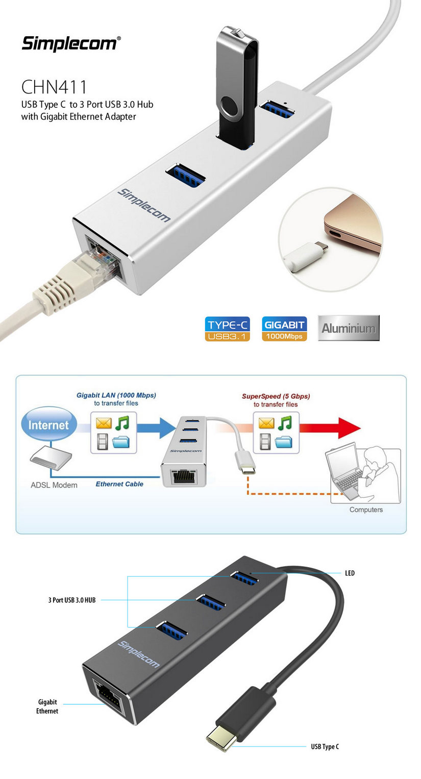 Simplecom Aluminium USB Type C to 3 Port USB 3.0 Hub with Gigabit Ethernet Adapter Black (CHN411-BK)