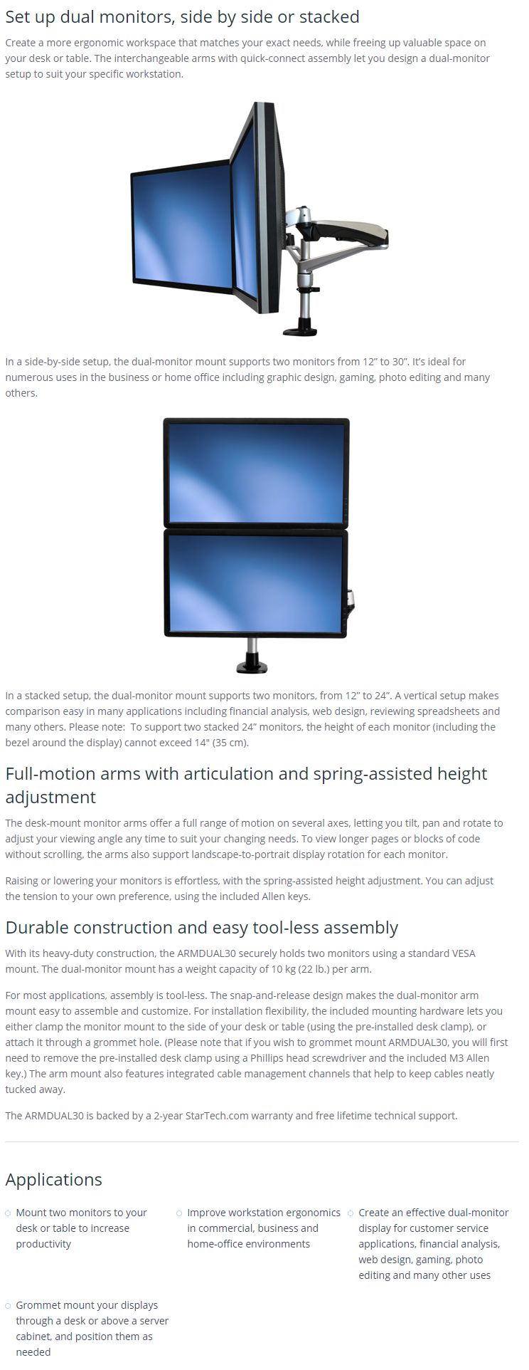 Startech Dual Monitor Mount W Full Motion Arms Stackable