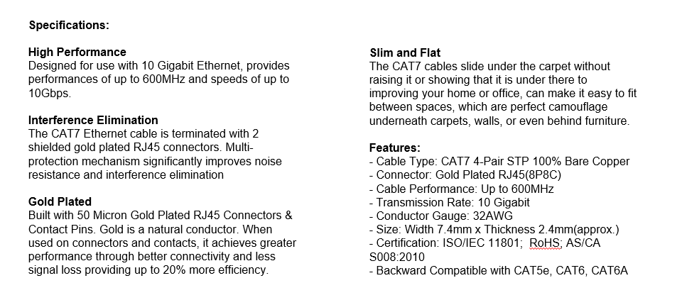 Edimax 20m Black 10GbE Shielded CAT7 Network Cable - Flat (EA3-200SFA)