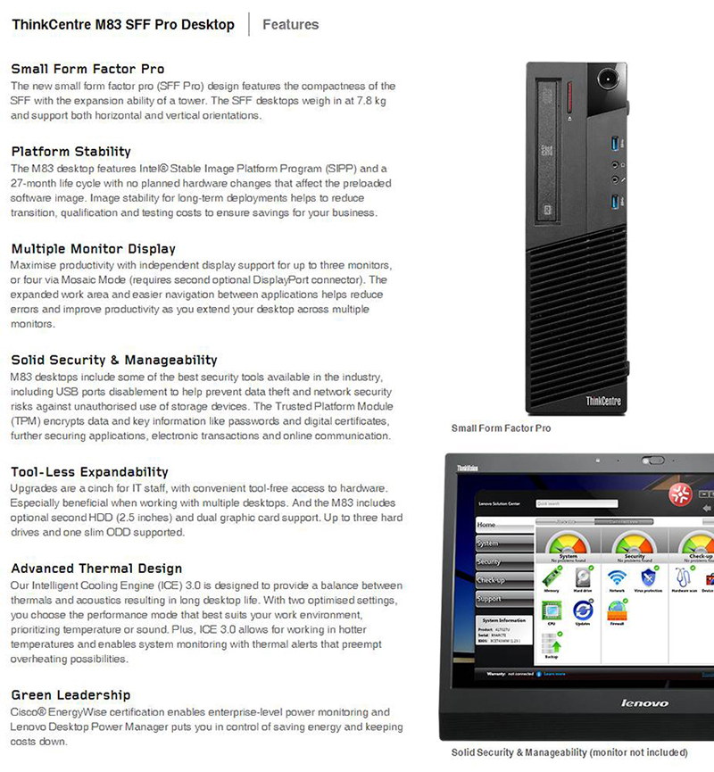Lenovo M83 SFF(10AN001KAU) I5-4460, 500G, 4G, DVDRW, INTEL HD, KB/M, W7P64(W8.1P-COUP) 3YOS