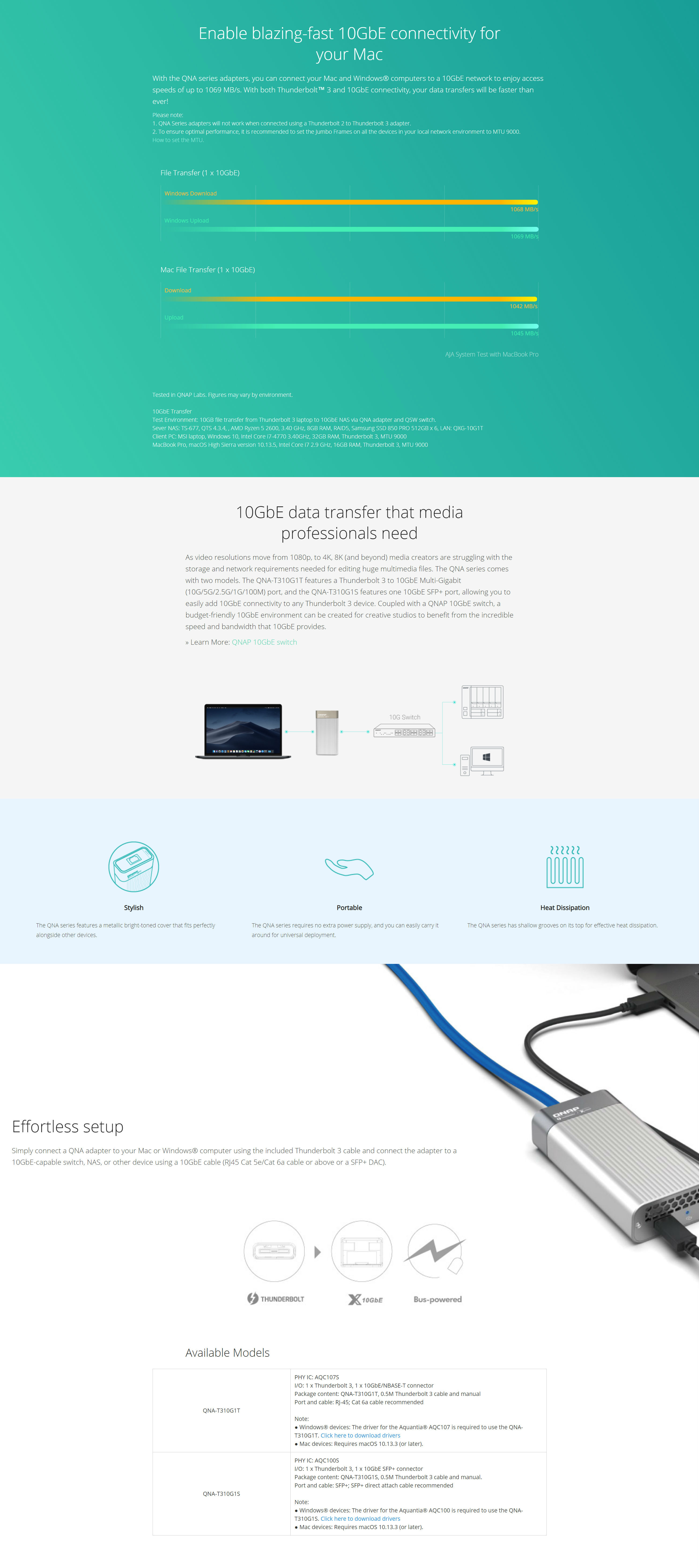 QNAP QNA-T310G1S Single Port Thunderbolt3 to Single Port 10Gbase-T Adapter Bus Powered