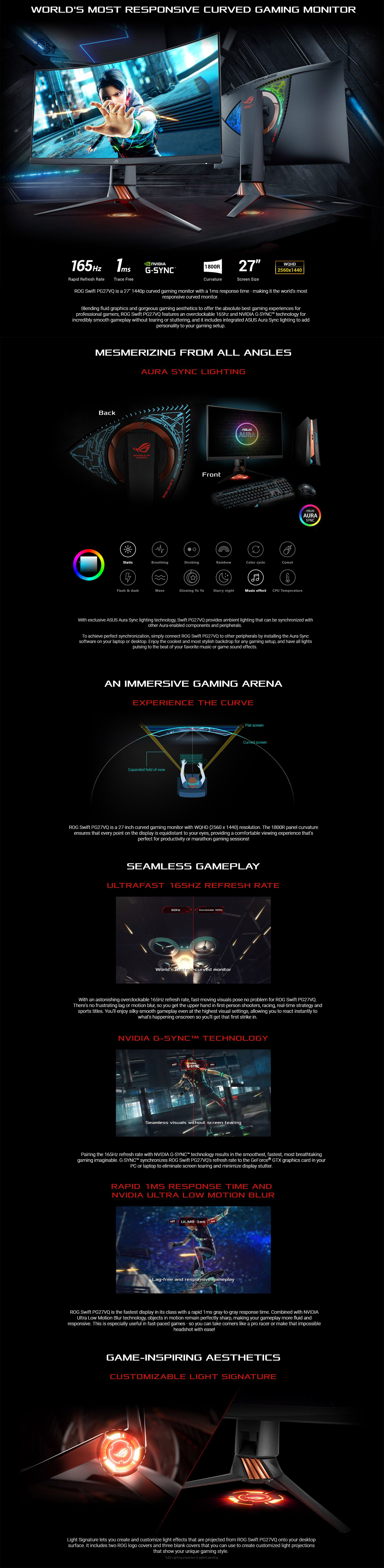 ASUS ROG SWIFT 27in 2K-QHD 165Hz Curved G-Sync Gaming Monitor (PG27VQ)