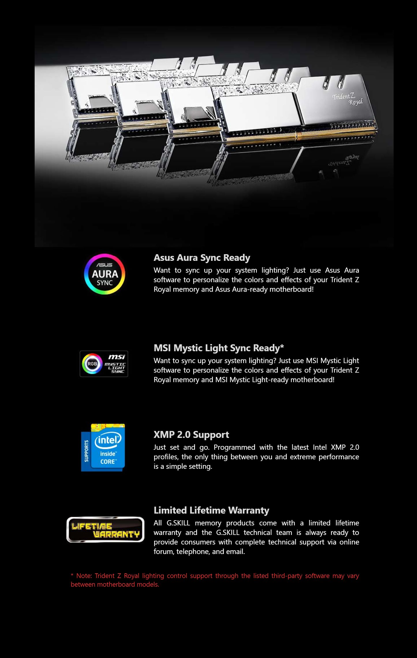 G.Skill 32GB (2x16GB) F4-3600C19D-32GTRG Trident Z Royal 3600MHz CL19 DDR4 RAM - Gold