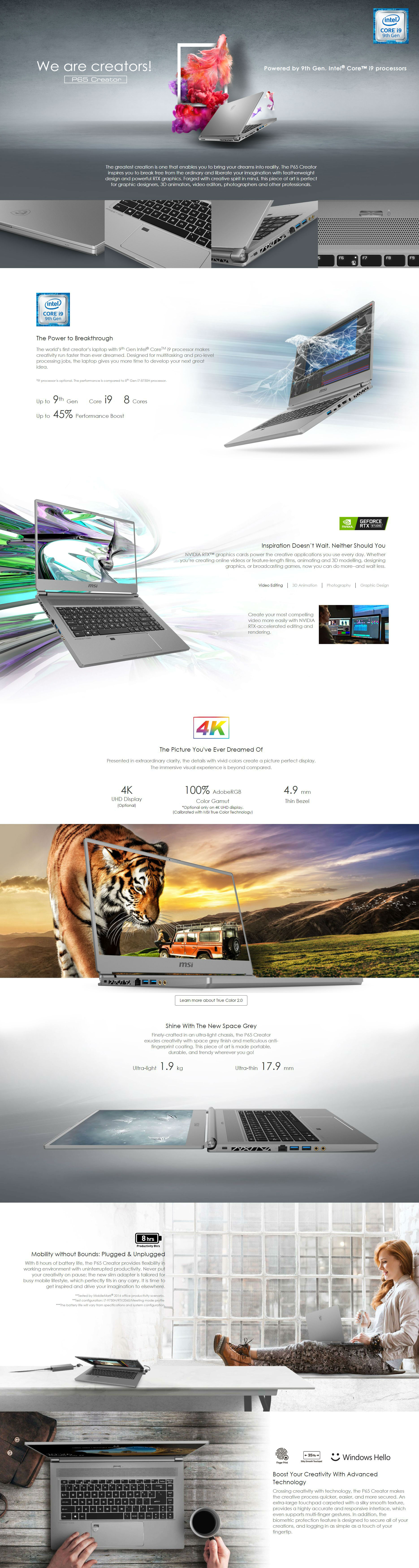 MSI P65 15.6in UHD i9 9880H RTX 2080 2TB SSD 32GB RAM W10P Creator Laptop (P65 9SG-1222AU)