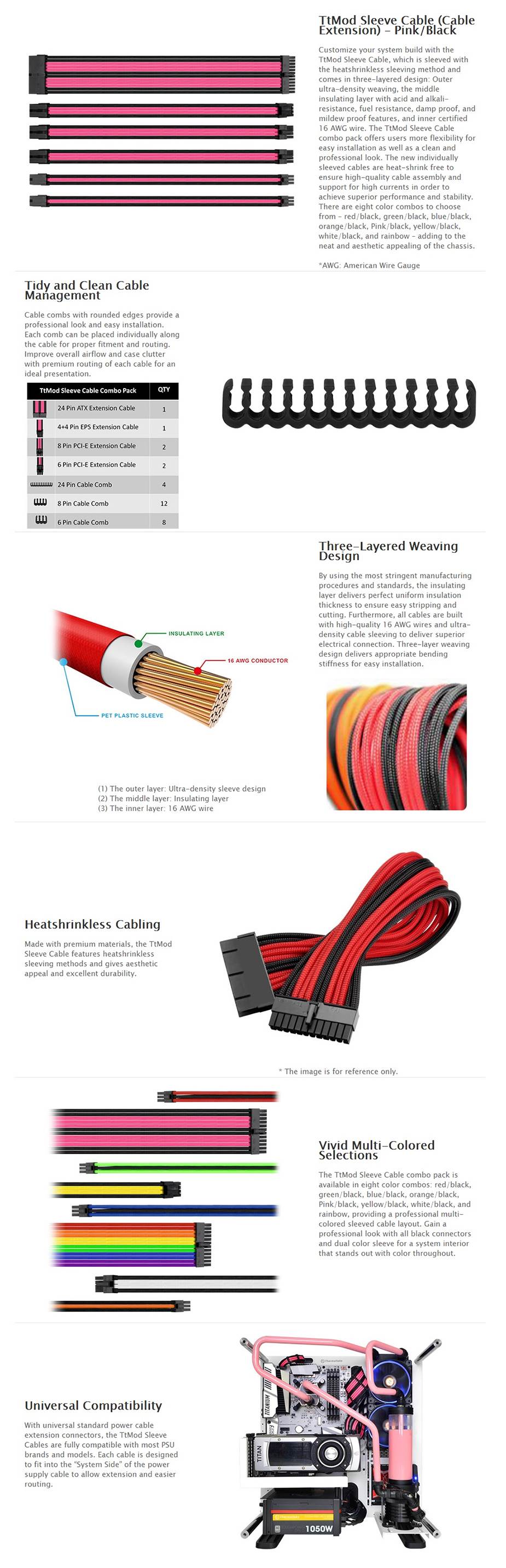 Thermaltake TTMod Sleeved Extension Cable Kit - Pink and Black