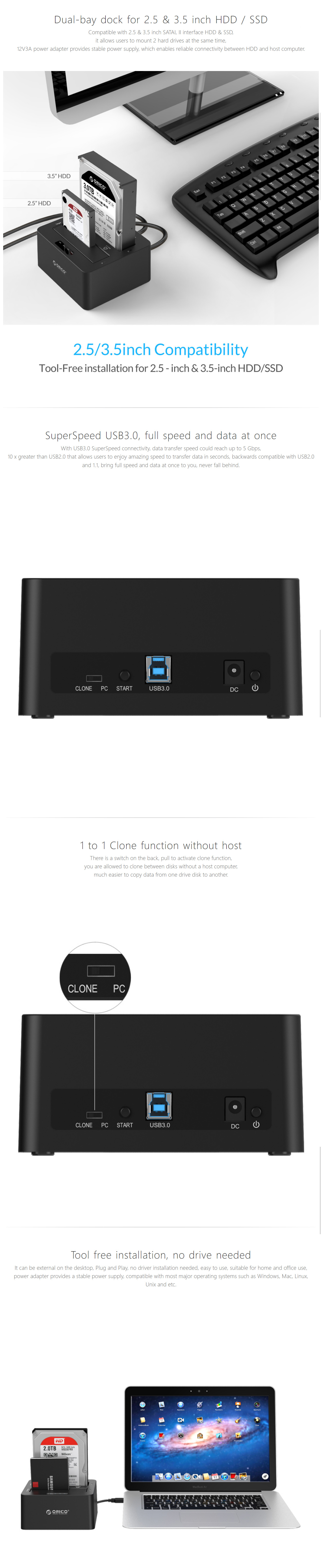 Orico 2.5in or 3.5in Dual Bay USB3 Hard Drive Clone and Dock - Black