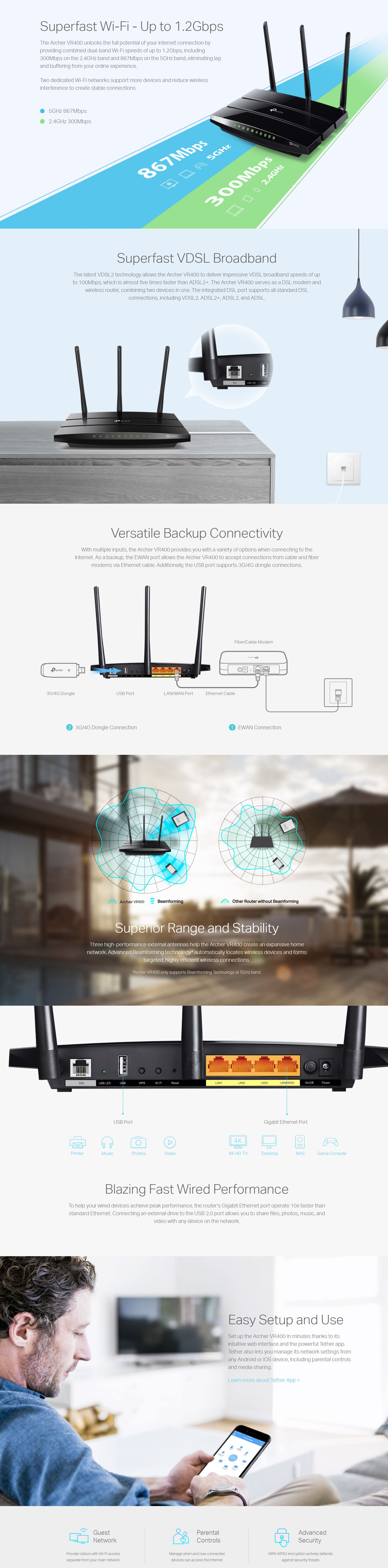 TP-Link Archer VR400 AC1200 Wireless VDSL/ADSL Modem Router