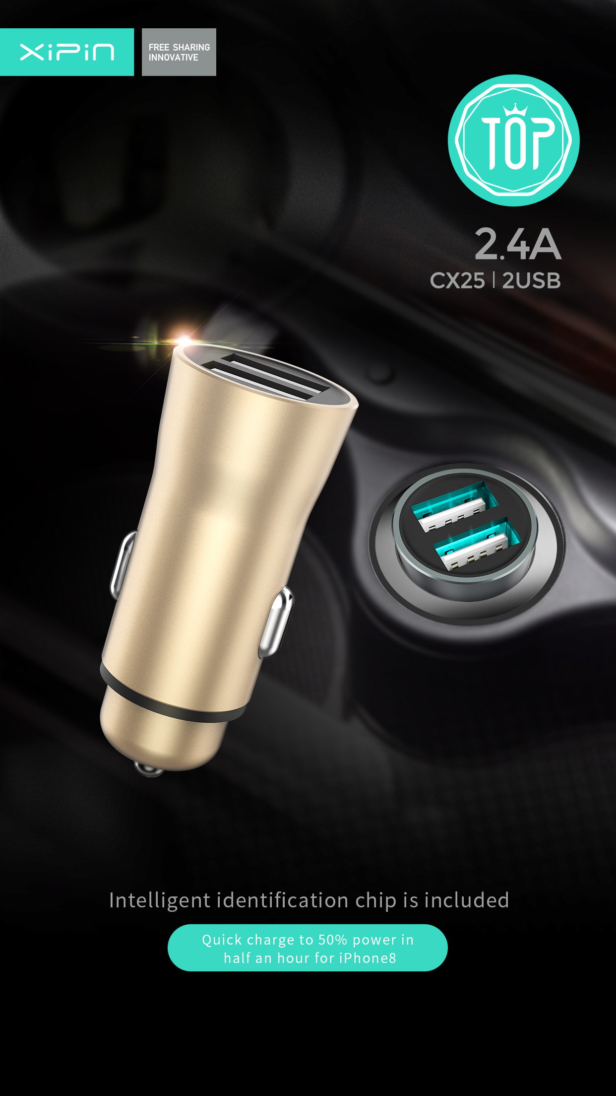 Xipin CX25 5V2.4A Dual USB Output Aluminum Car Charger Gold