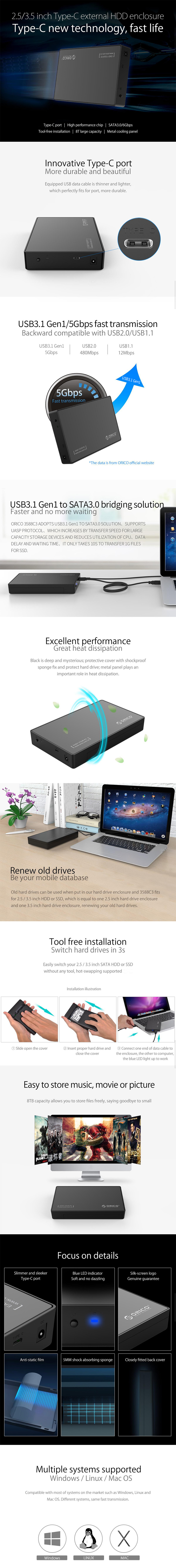 Orico 2.5in or 3.5in USB Type C Hard Drive Enclosure - Black