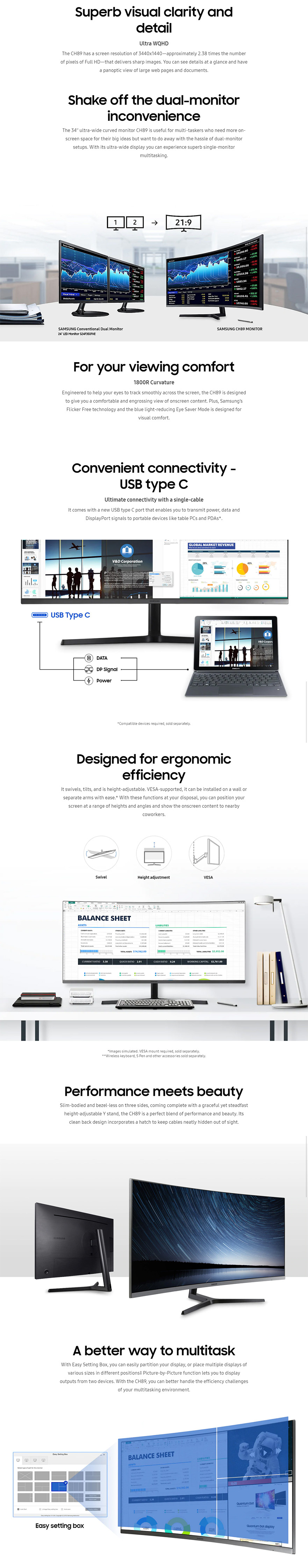 Samsung 34in UWQHD VA Curved USB-C Business Monitor (LC34H892WJEXXY)