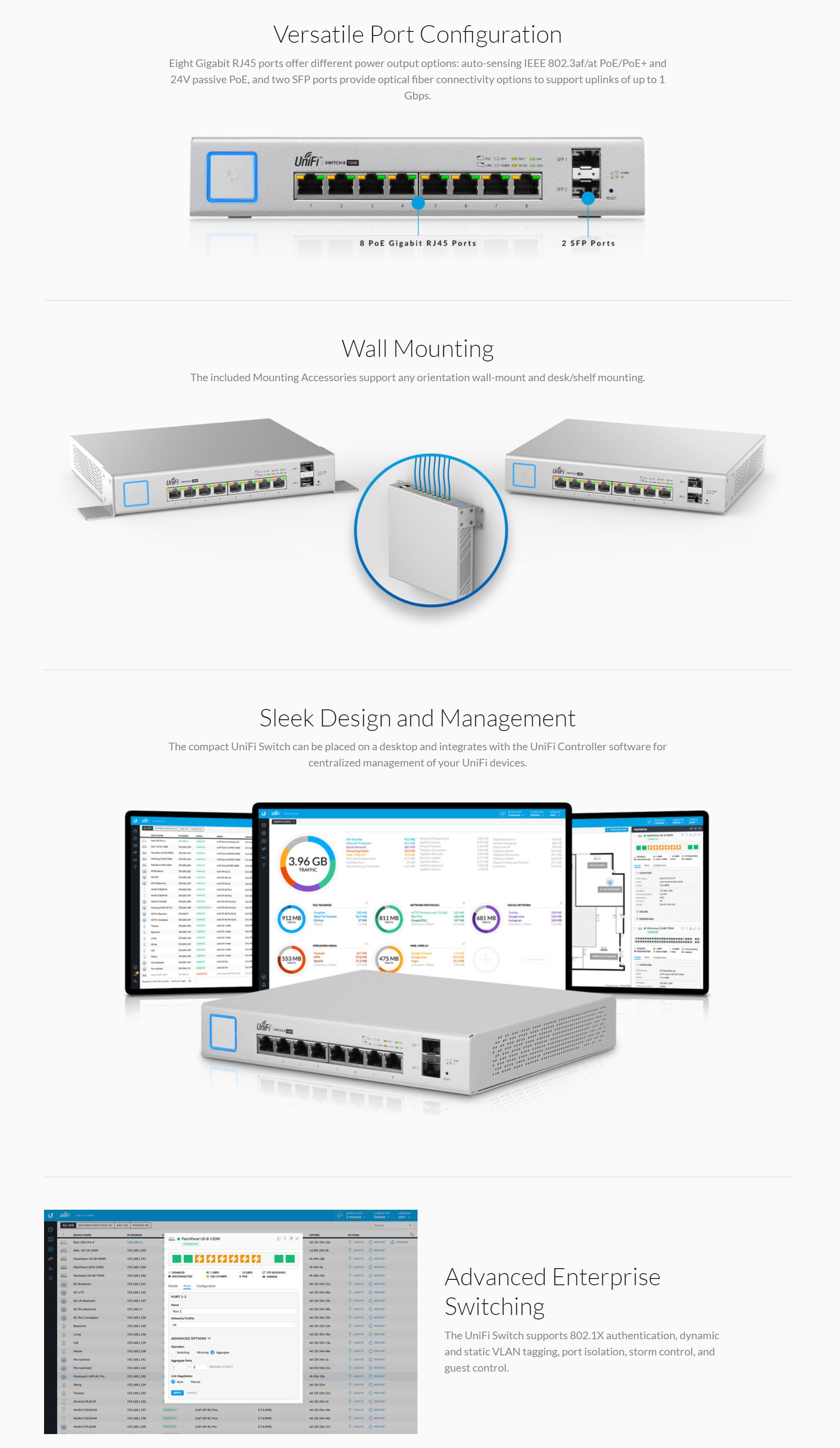 Ubiquiti UniFi PoE Switch 8-port 150W UAP-IW Compatible (US-8-150W)