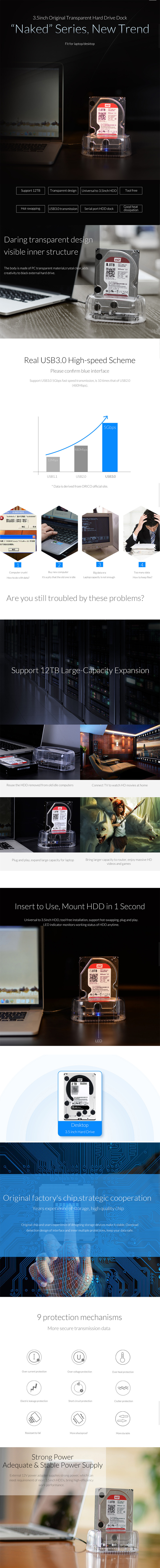 Orico 2.5in or 3.5in Transparent USB3 Hard Drive Dock