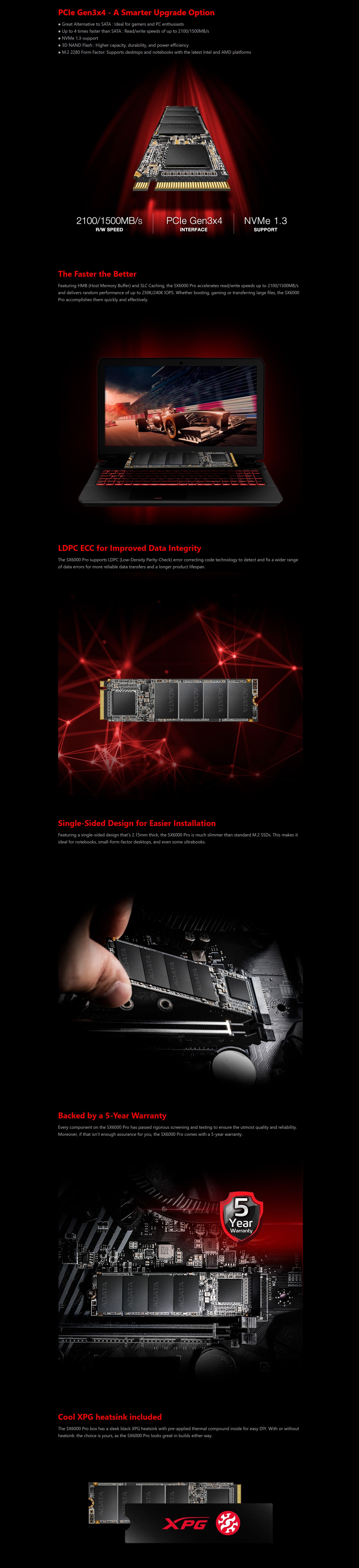 ADATA XPG SX6000 Pro 1TB PCIe Gen3 M.2 2280 NVMe SSD (SSD-A-SX6000-1TBP)