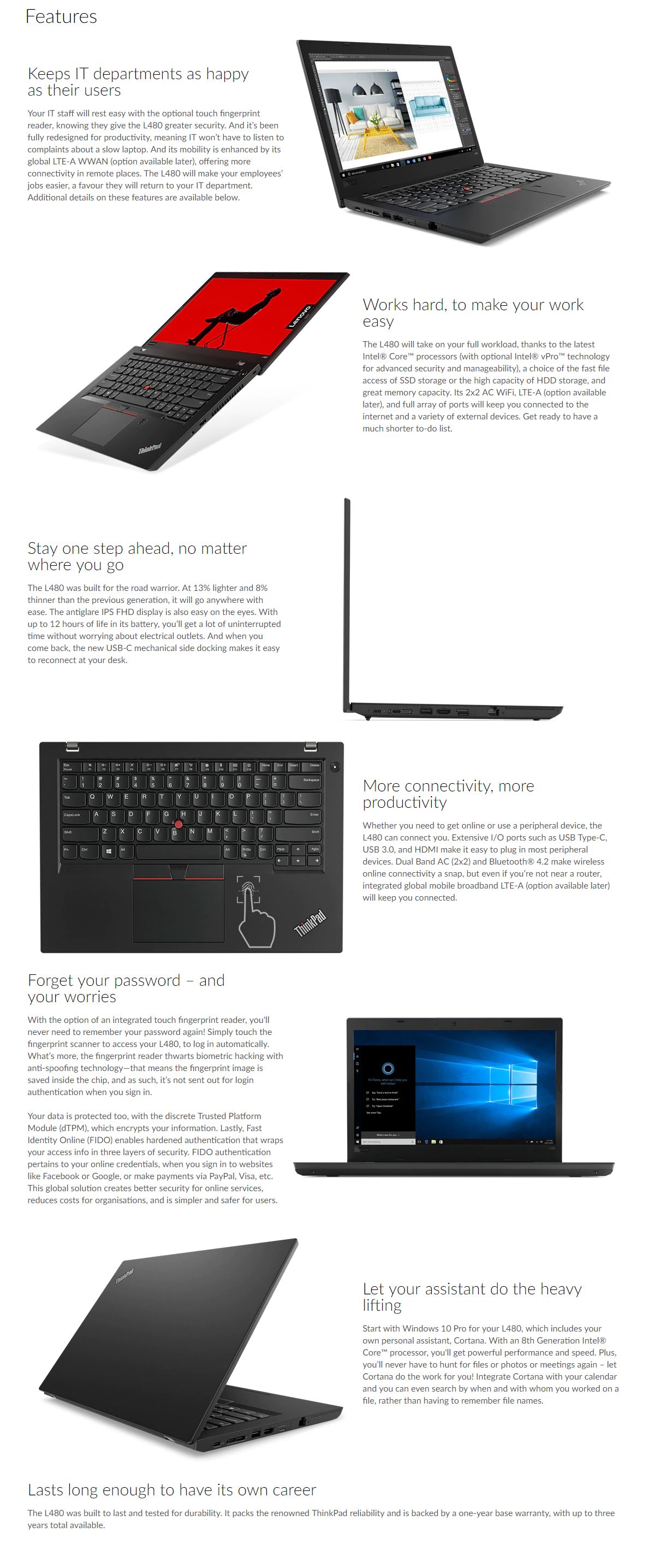 Lenovo ThinkPad L480 14' FHD IPS AG i5-8250U 128GB SSD 4GB RAM W10H WLAN BT FP Cam USB-C Laptop