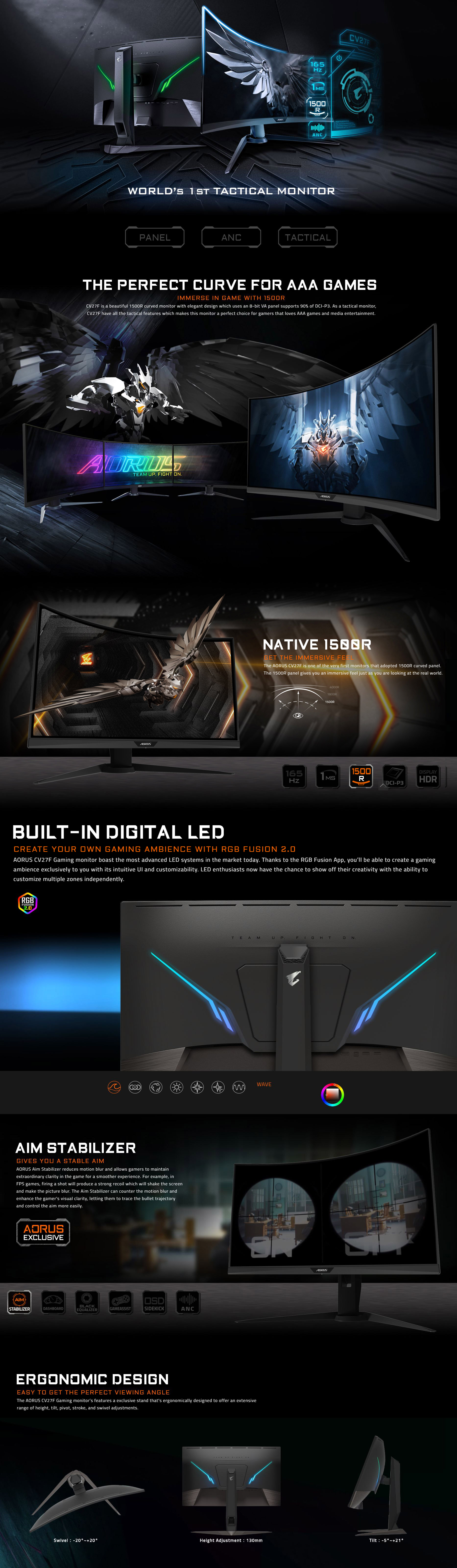 Gigabyte Aorus 27in FHD 165Hz Free Sync2 Curved Gaming Monitor (CV27F)