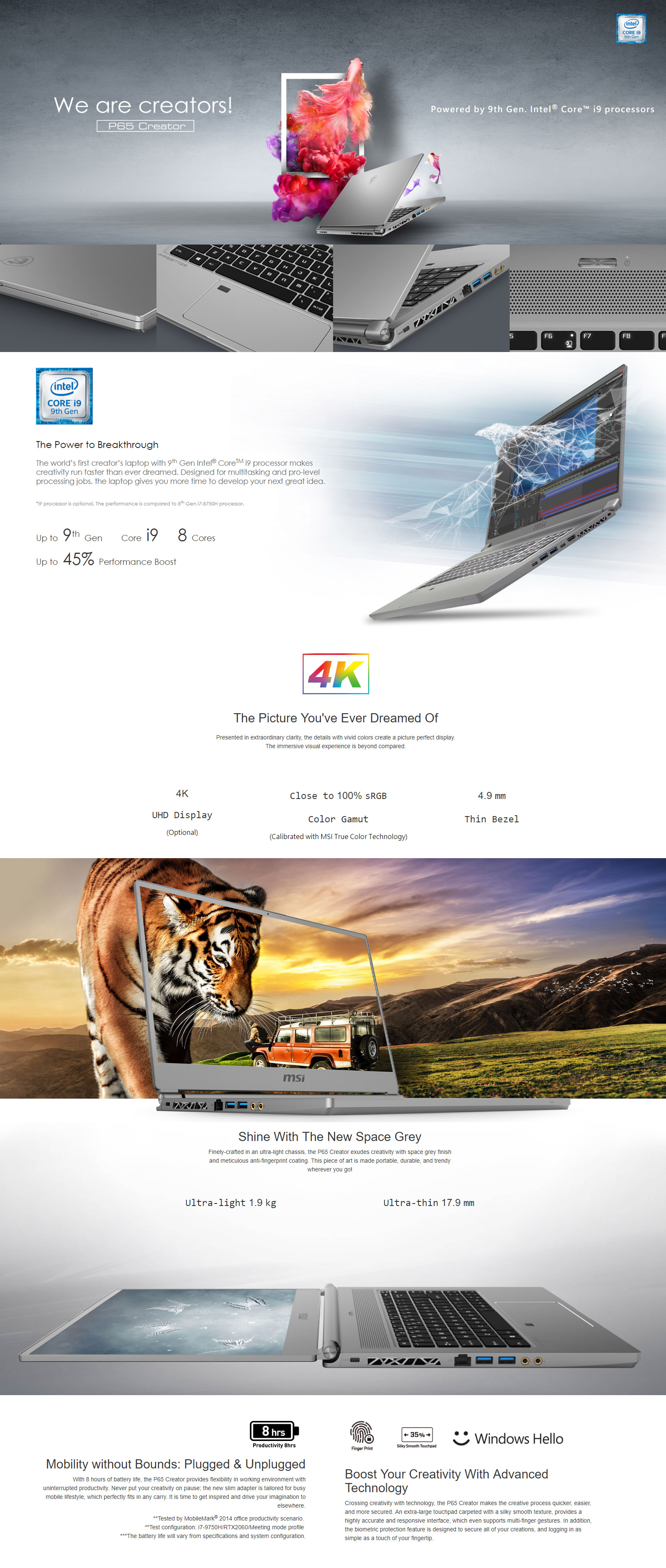MSI P65 Creator 15.6in UHD i9 9880H RTX 2060 1TB SSD 16GB RAM W10P Gaming Laptop (P65 9SE-443AU)