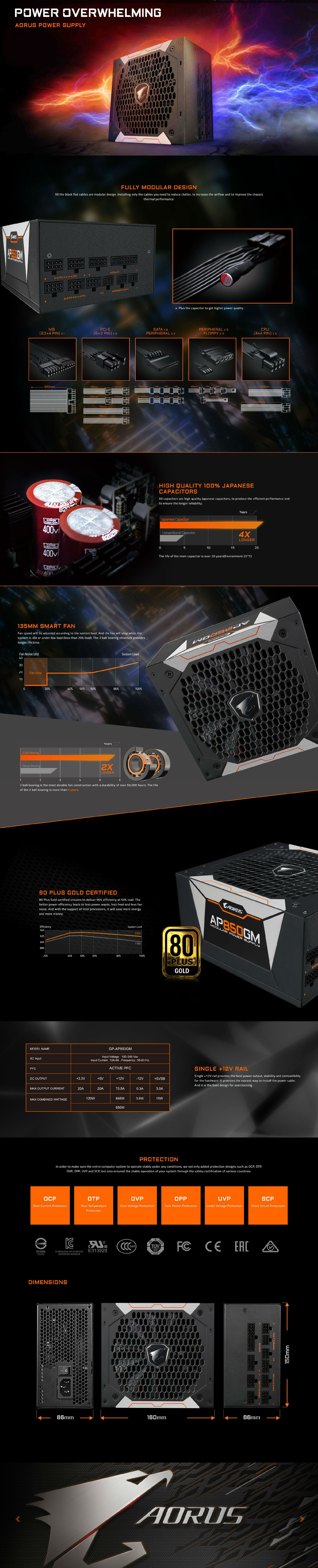Gigabyte 850W Aorus 80+ Gold Fully Modular ATX Power Supply (GP-AP850GM)
