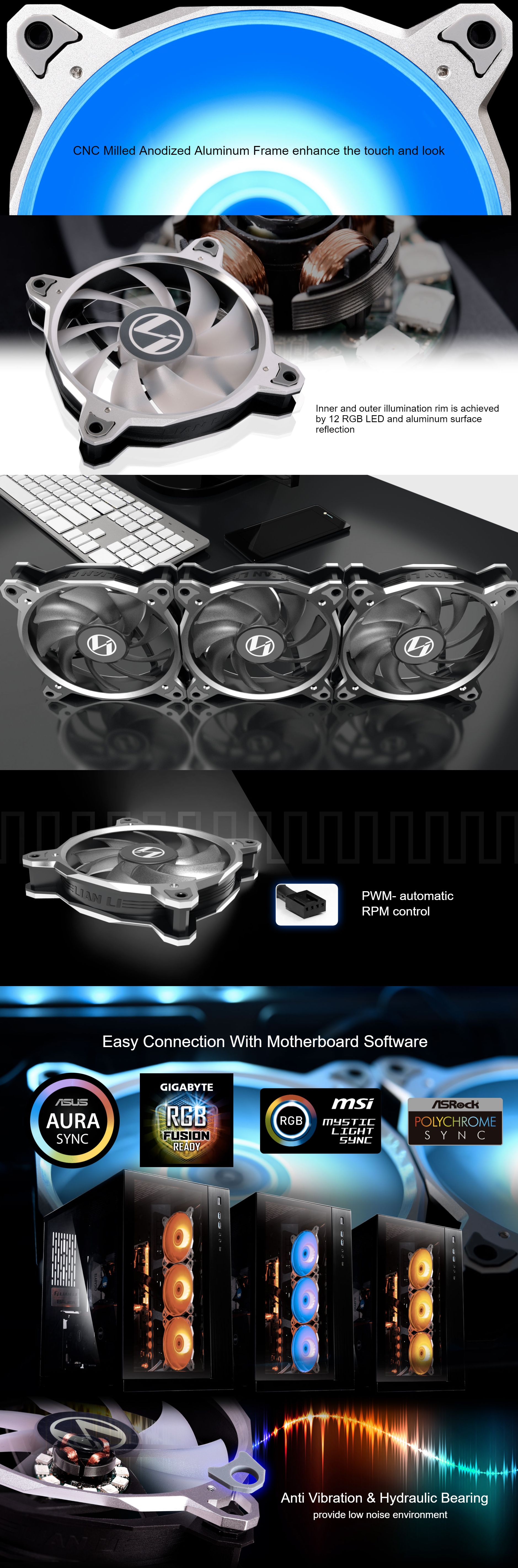 Lian Li Bora Lite 120mm RGB PWM Fans Silver - 3 Pack With Controller