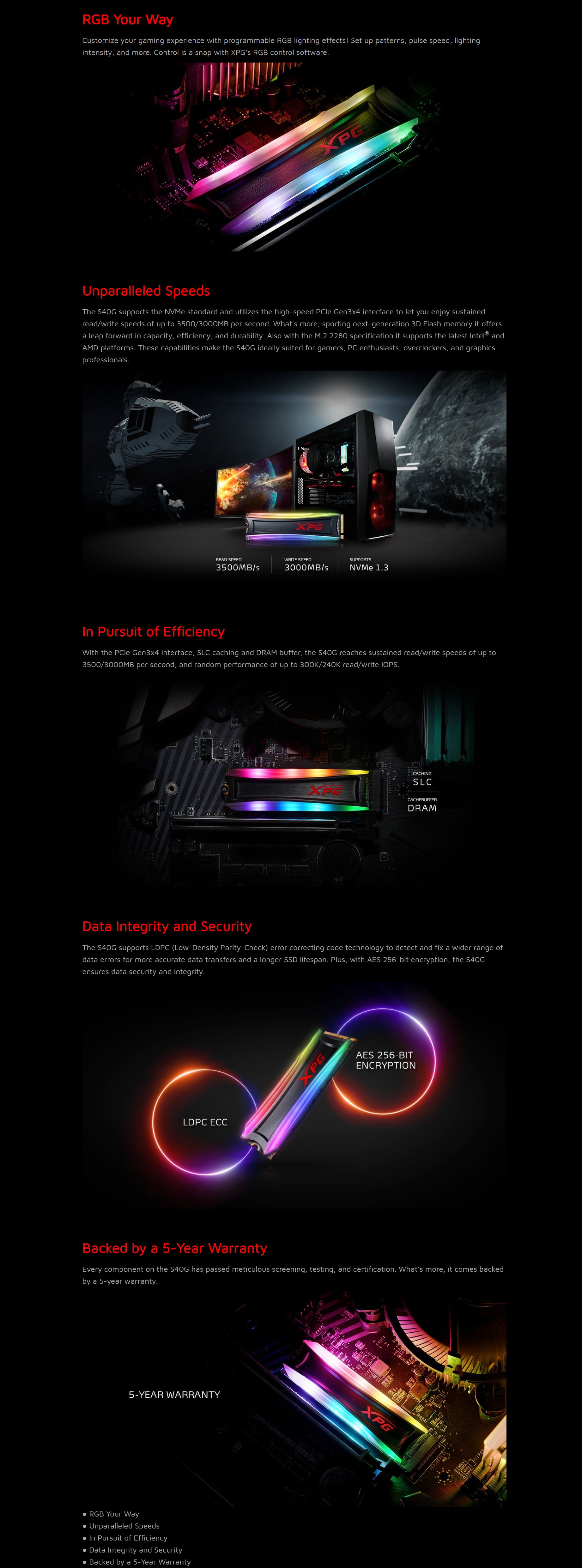 ADATA XPG Spectrix S40G 1TB RGB PCIe Gen3 M.2 2280 NVMe SSD (AS40G-1TT-C)