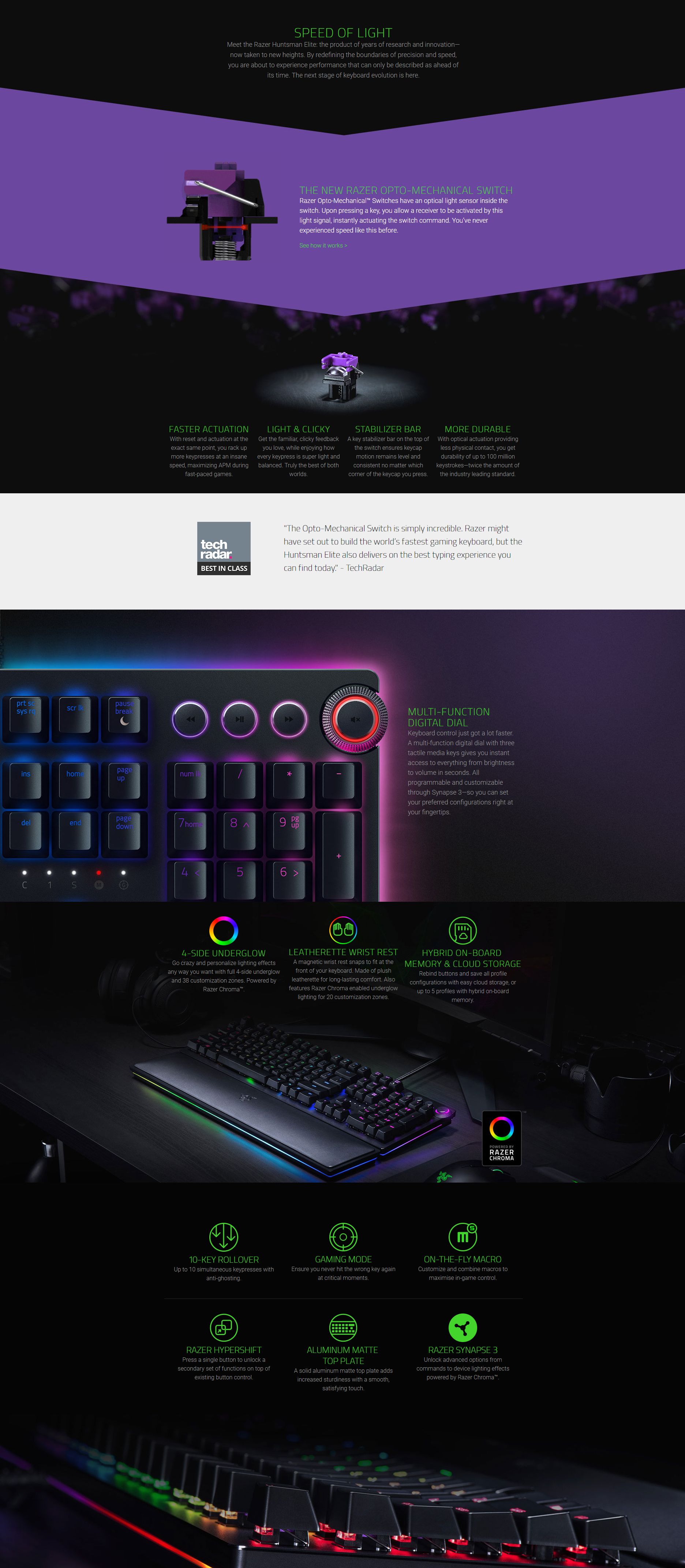 Razer Huntsman Elite RGB Opto-Mechanical Gaming Keyboard - Purple Switch (RZ03-01870100)