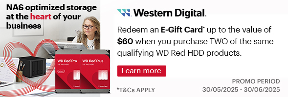 Redeem an e-Gift Card* up to the value of $60 when you purchase TWO of the same qualifying WD Red HDD products