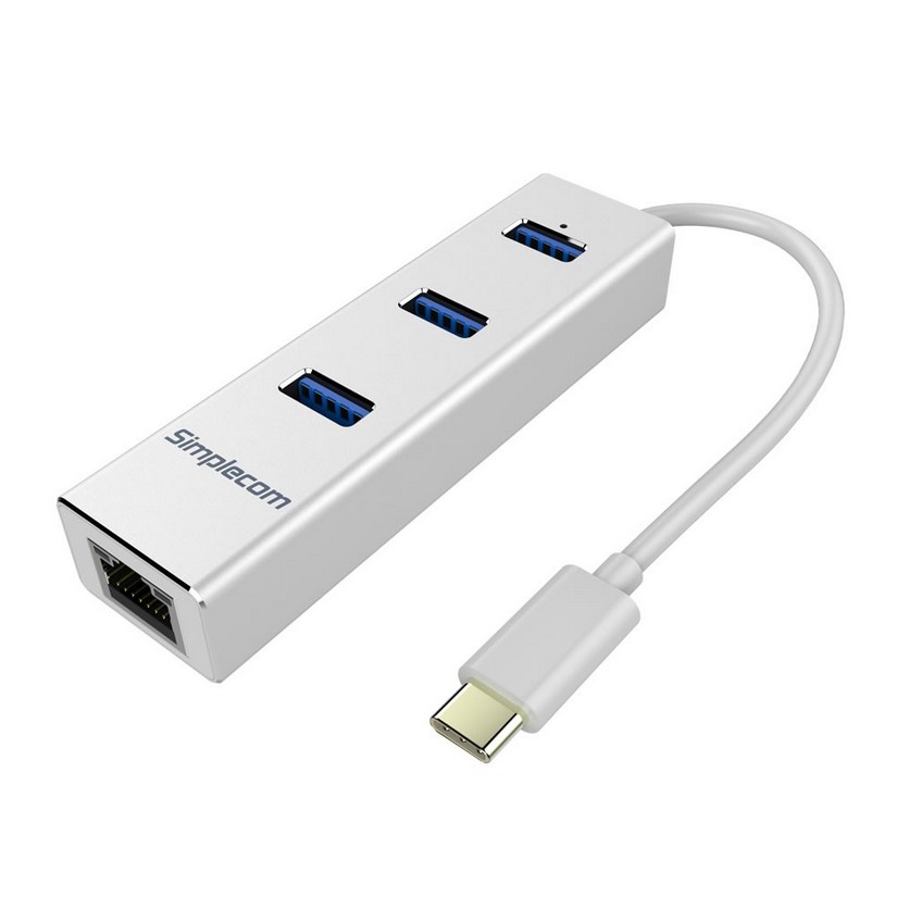 Simplecom Aluminium USB Type C to 3 Port USB 3.0 Hub with Gigabit Ethernet Adapter Silver (CHN411-SL)