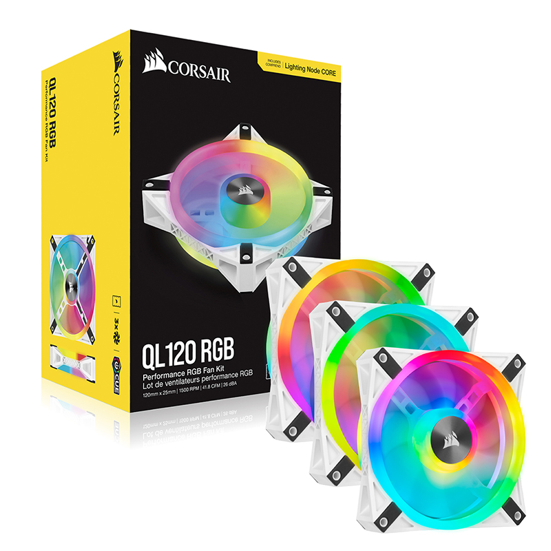 Corsair iCUE QL120 RGB 120mm PWM Fan White with Lighting Node Core- 3 Pack (CO-9050104-WW)