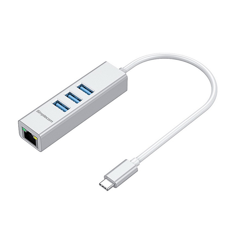 Simplecom Aluminum USB-C to 3 Port USB HUB with Gigabit Ethernet Adapter - Silver (CHN421)